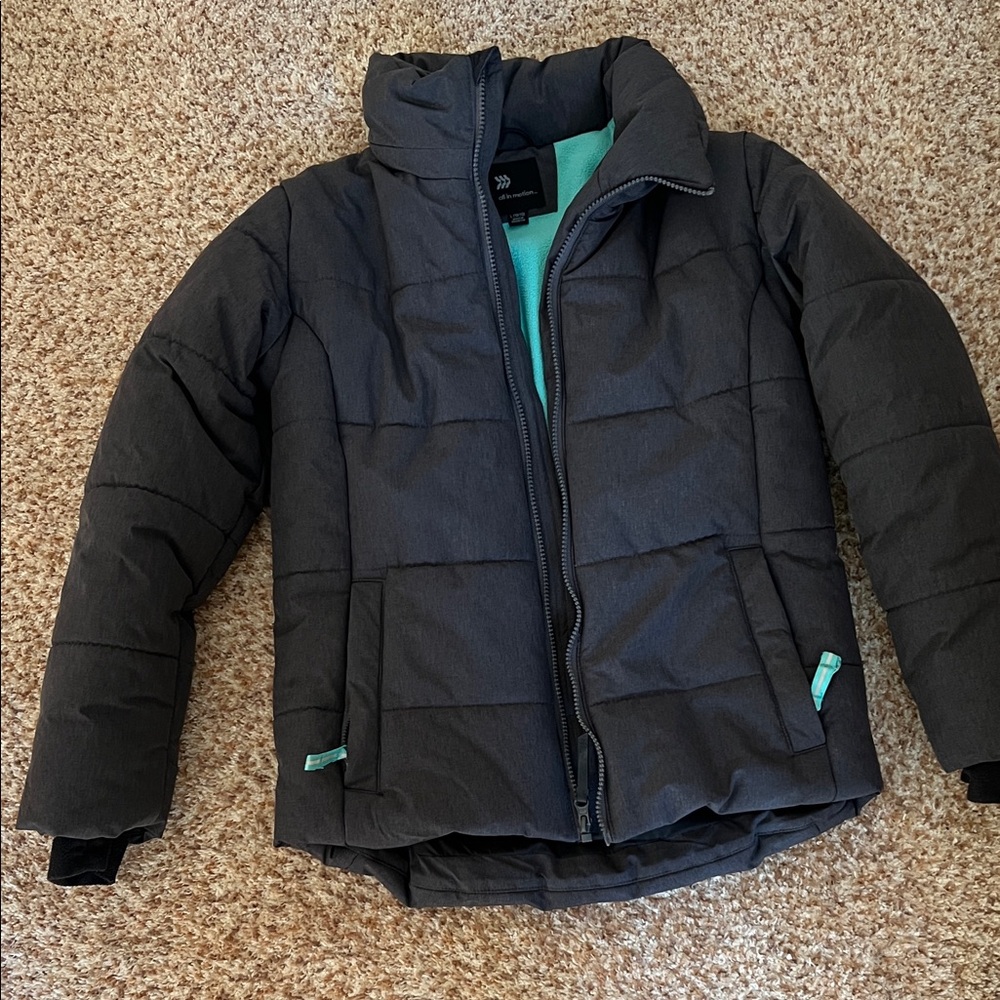Like New - All in Motion Kids Charcoal and Mint Puffer Jacket - like new